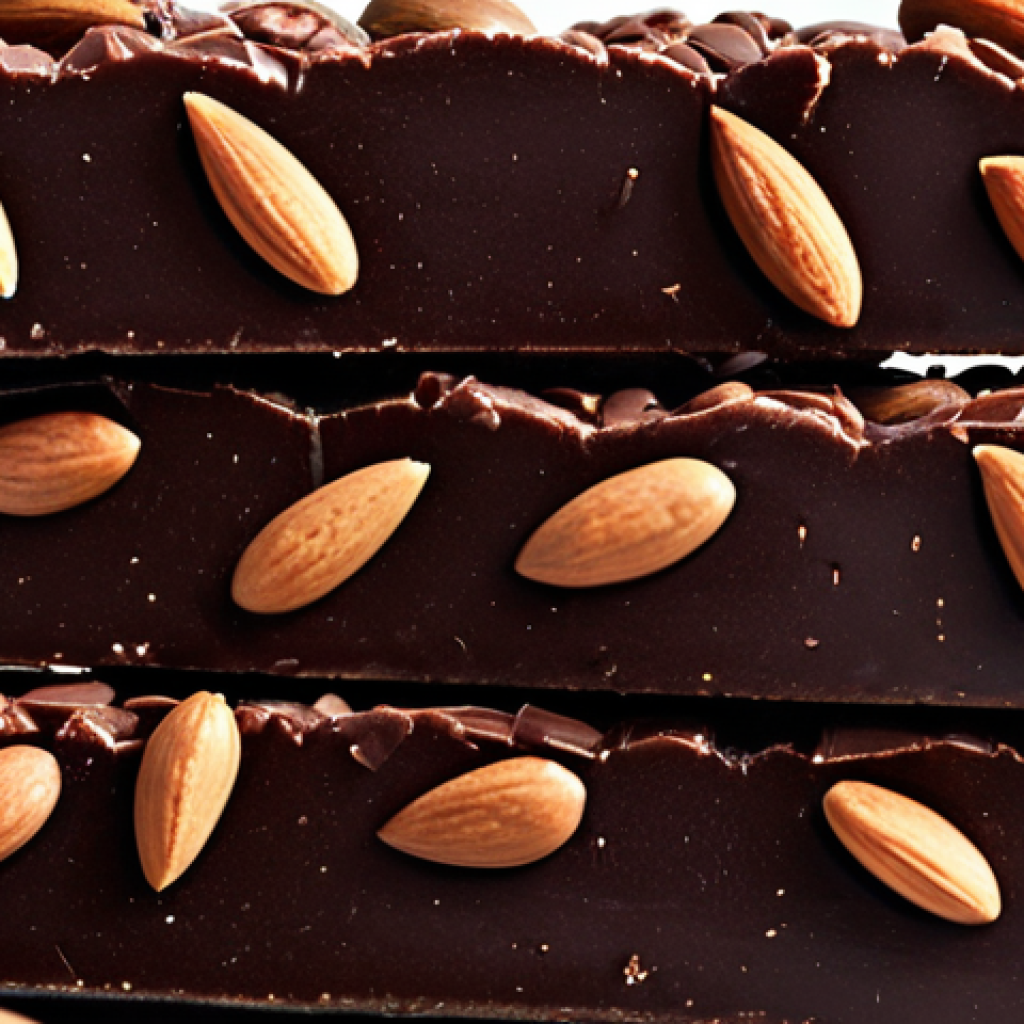 **Dark Chocolate Almonds:** A close-up shot of homemade dark chocolate almond bars, showcasing the texture of the dark chocolate and the crunchiness of the almonds. Focus on highlighting the rich color of the chocolate and the natural appearance of the almonds.