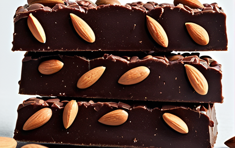 **Dark Chocolate Almonds:** A close-up shot of homemade dark chocolate almond bars, showcasing the texture of the dark chocolate and the crunchiness of the almonds. Focus on highlighting the rich color of the chocolate and the natural appearance of the almonds.